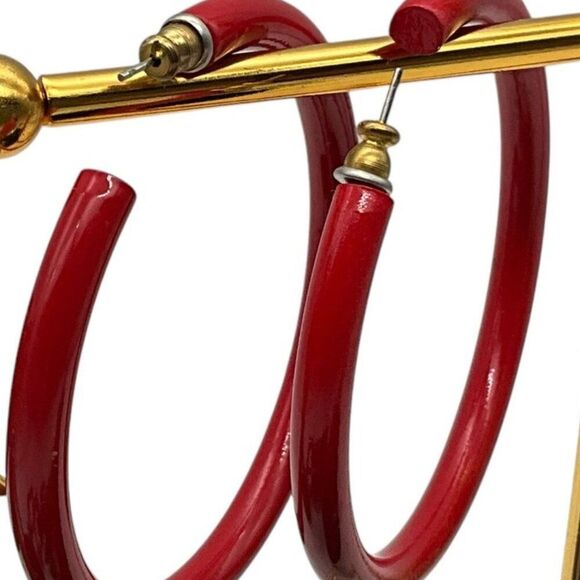 Vintage Red Hoop Earrings - Enamel 2.5 in - Picture 2 of 3